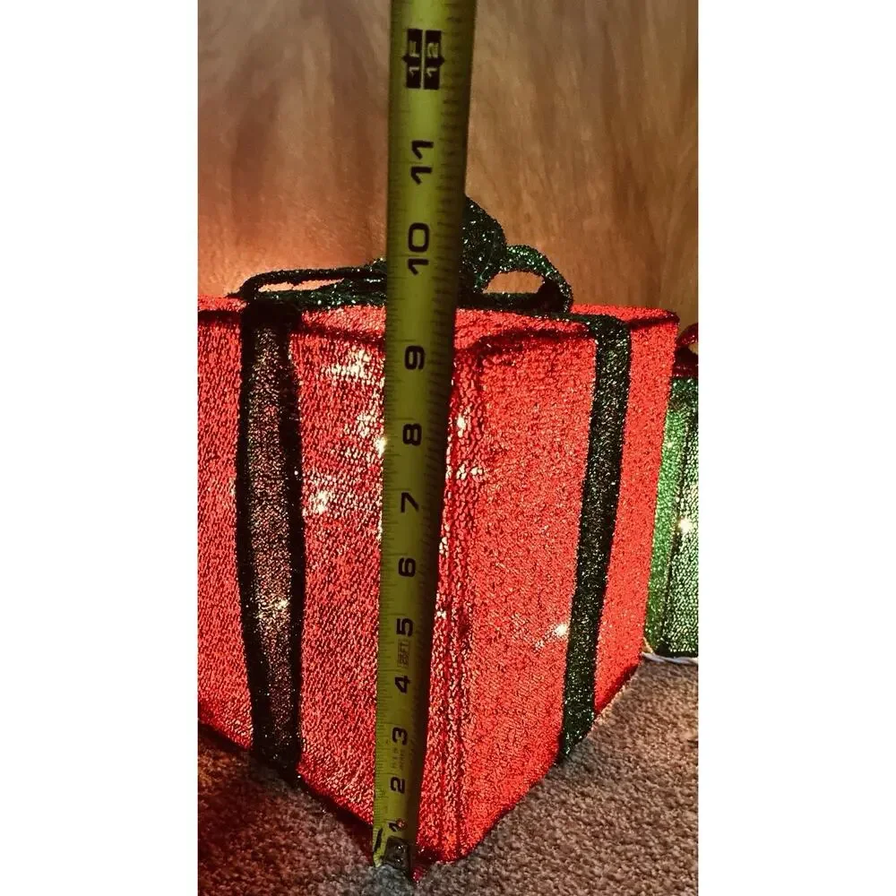 Three Mesh Collapsible Lighted Top Bows Wrapped Gifts Red, Grn Gold Christmas